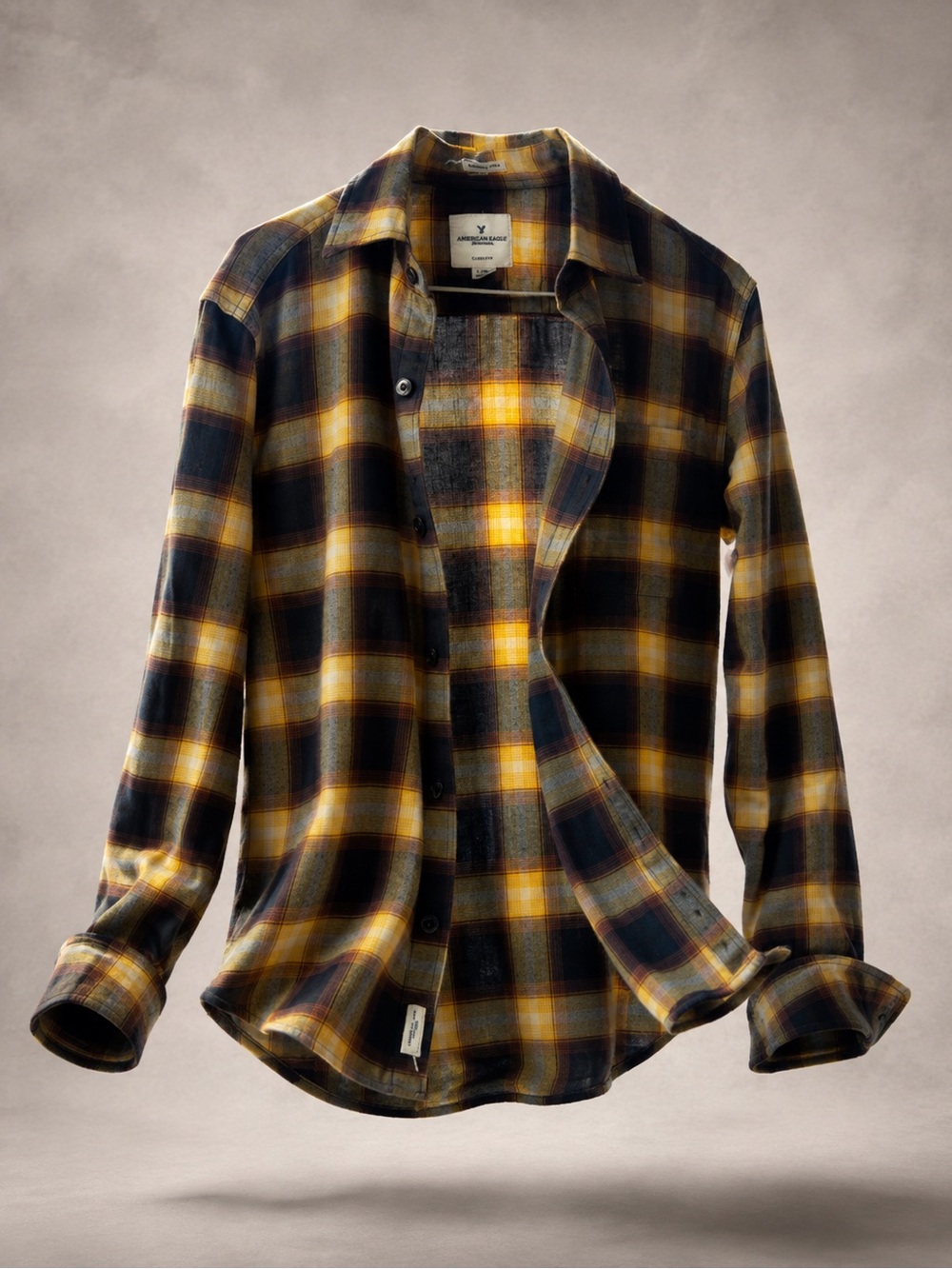 American Eagle Outfitters Yellow and Navy Plaid Button-Up Shirt